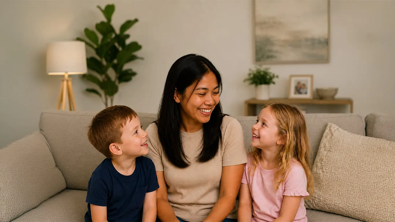 Mother laughing with her two children on the sofa